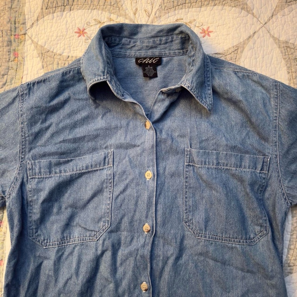 Vintage Chambray Denim Double Pocket Shirt 90s Minimalist Utility Petite Adult S